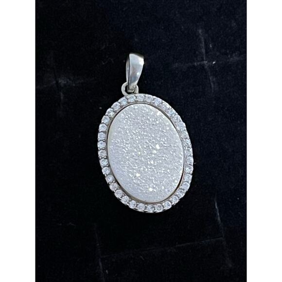 Sterling Silver 925 White Druzy Pendant with CZ Halo Sparkle Stone Jewelry Gift - Picture 4 of 7